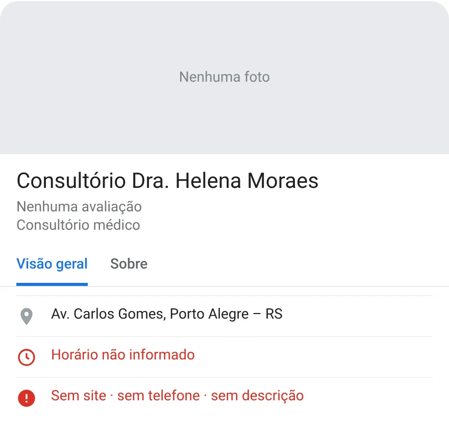 Perfil no Google antes: sem fotos, sem avaliações, sem horário e sem site