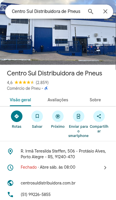 Perfil da Centro Sul Pneus no Google Maps
